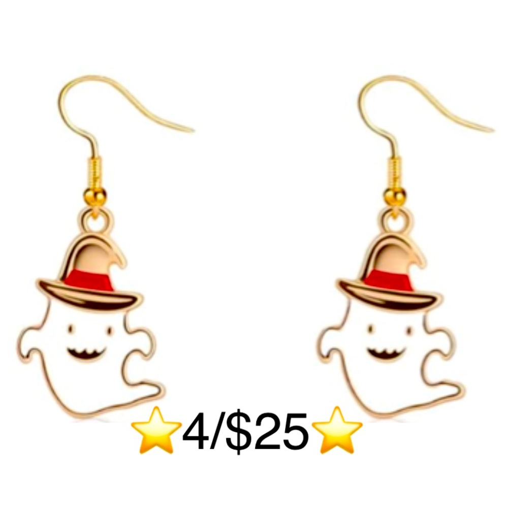 Halloween Ghost Earrings Gold Tone Ghost in Witch Hat Dangling Drop Earrings